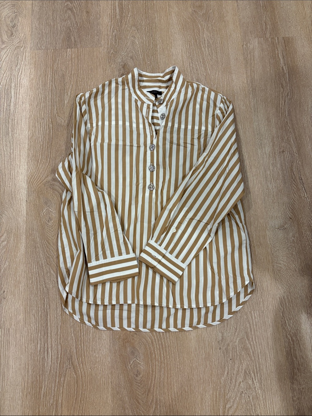 J.Crew Taupe White Stripe Blouse Diamond Button Top Size 12